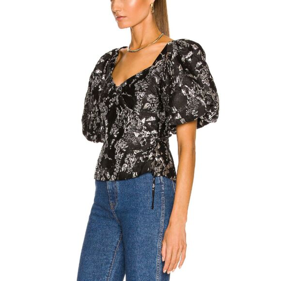 Jonathan Simkhai Women's Size 2 Black Metallic Taylor Wrap Top Puff Sleeve NWT - Picture 4 of 13